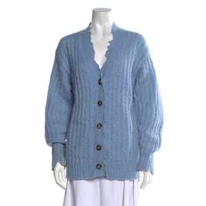 Helmet Lang Cardigan Wool/Alpaca Distress Button Blue Italian Yarn - Size Medium